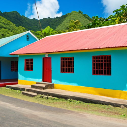 Home 11 A vibrant, colorful image of a small health center in a rural St. Lucian village, showcasing basic medical services being provided to local residents. Emphasize the accessibility of healthcare to remote communities.