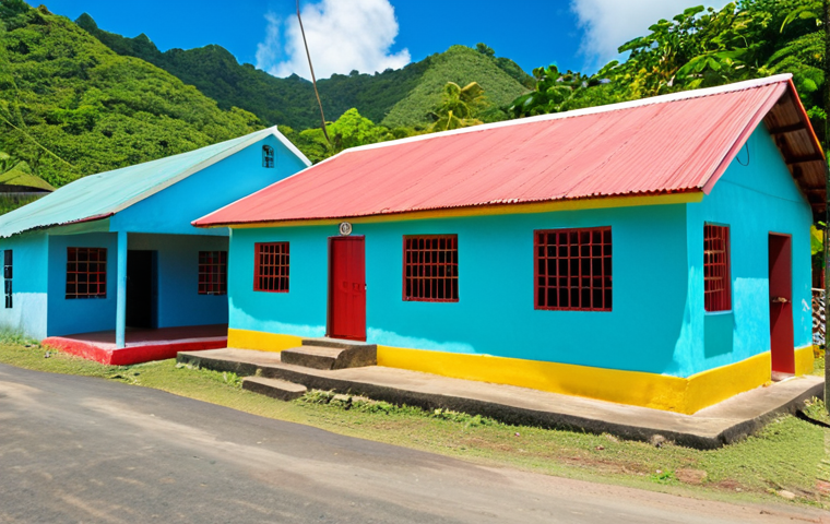 A vibrant, colorful image of a small health center in a rural St. Lucian village, showcasing basic medical services being provided to local residents. Emphasize the accessibility of healthcare to remote communities.