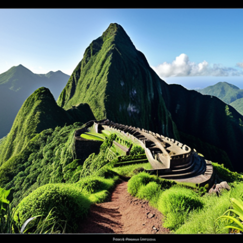 Home 6 **
Lush, green Gros Piton mountain peak under a clear sky, showcasing a challenging hiking trail winding upwards. Include a sense of adventure and breathtaking panoramic views.
**