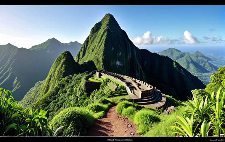 **
Lush, green Gros Piton mountain peak under a clear sky, showcasing a challenging hiking trail winding upwards. Include a sense of adventure and breathtaking panoramic views.
**